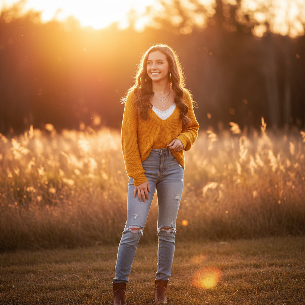 High school senior smiling confidently outdoors in golden hour light, warm tones professional portrait